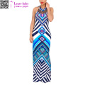 Blue Tribal Print Halter Backless Slit Sexy Bodycon Plus Size Maxi Dress L51408-1